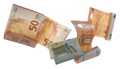 Fifty euro banknotes flying isolated on white, clipping