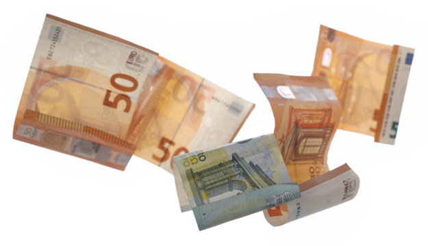 Fifty euro banknotes flying isolated on white, clipping