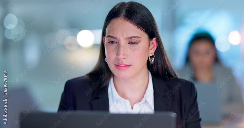 Poster thinking, business and woman with a laptop, problem solving and finance report with connection, idea