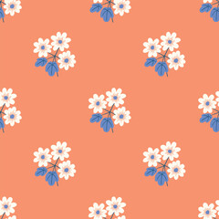 Seamless vector pattern with Appalachian rue anemone wildflowers in blue and white on a coral pink background. Modern botanical illustration perfect for fabric, digital paper, accessories, stationery.
