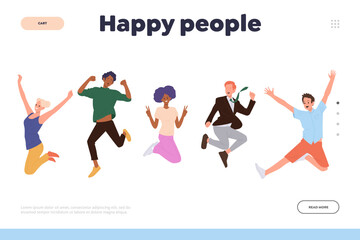 Happy people landing page design template with diverse overjoyed characters laughing and jumping