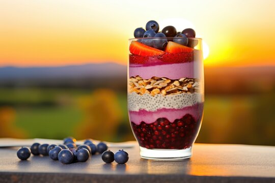 blueberry and chia seeds parfait in a cocktail glass at sunrise