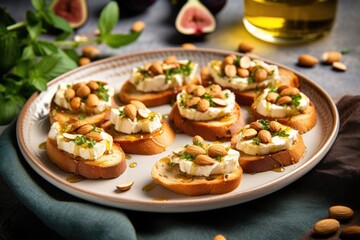 Obraz na płótnie Canvas corsican-style bruschetta with fresh figs and nut cheese on a ceramic plate