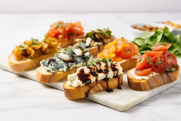 variety of blue cheese bruschetta on a marble countertop