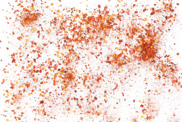 Spicy chili red pepper flakes, chopped, milled dry paprika pile isolated on white, top view