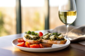 pesto bruschetta paired with glass of white wine, lit by soft natural light