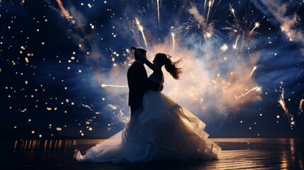 A bride and groom dancing under a starry night sky with fireworks in the background