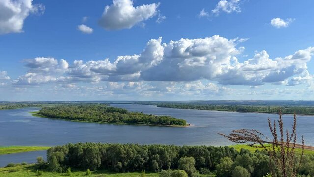 Picturesque view of the Kama River from the observation deck at the Yelabuga settlement. The movement of clouds over the river. Lower Kama National Park. Yelabuga, Republic of Tatarstan, Russia, 4K