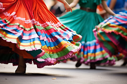 The colorful layers skirt female outfits for the cultural Mexican dance on a festival day at the public space show, Mexican folk dance. Generative AI.