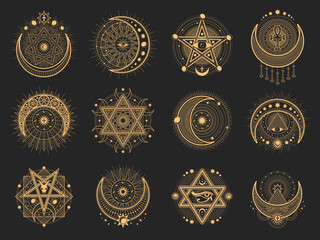 Crescent and moon esoteric occult symbols, tarot magic icons. Star of David, ankh and Eye of Horus occult emblems. Religion ancient signs, providence eye, magic tattoo or witchcraft sacred symbols