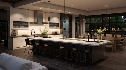 A streamlined kitchen boasting a double island and trendy bar seating.