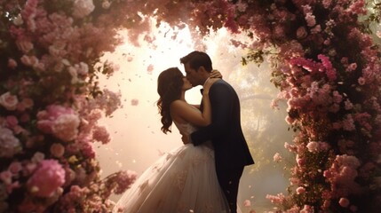 A bride and groom kissing passionately under a blooming arch of flowers