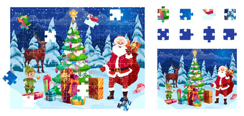 Christmas jigsaw puzzle game pieces. Santa and deer near Christmas pine tree. Correct puzzle piece find or search quiz vector worksheet with cartoon Santa, elf and reindeer winter holiday characters
