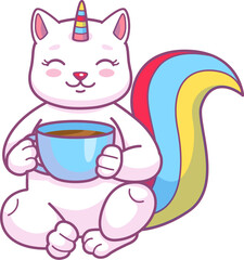 Cartoon cute caticorn character with tea or coffee cup. Vector white unicorn cat with relaxed smiling face sitting with mug. Funny fairytale kitty dreams