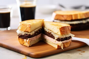 a french dip sandwich sliced open revealing layers, on grainy countertop