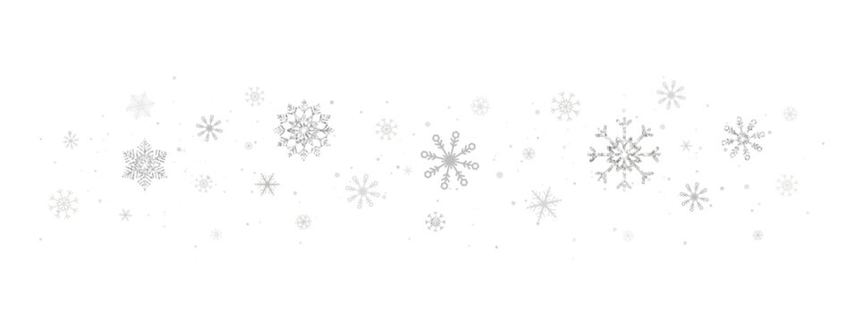 Silver glitter snowflakes wave on white background. Grey snowflake border with different ornament. Luxury Christmas garland frame. Winter ornament for packaging, card, banner. Vector illustration