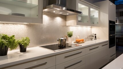 Fototapeta na wymiar A streamlined kitchen with a standout hood and task-enhancing under-cabinet lighting.