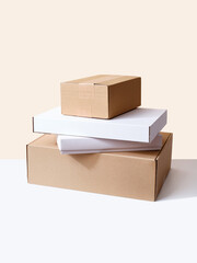 Packages and parcels stacked on beige background