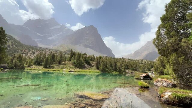 The Alaudin (Chapdara) lakes, lying at an altitude of 2800 m, are considered one of the most beautiful lakes of the Fan Mountains. Turquoise mountain lake. Pamiro-Alai. Tajikistan, Pamir 4K
