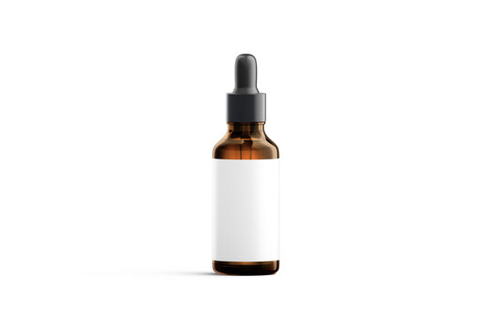 Blank transparent amber glass dropper bottle with white label mockup