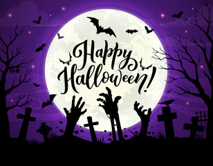 Zombie hands on Halloween cemetery landscape. Vector silhouettes of trick or treat holiday horror night monsters, flying bats, zombies, creepy trees and tombstones, crosses and trees under full moon