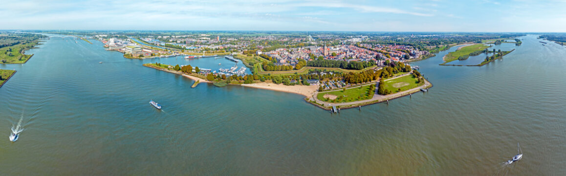 Aerial panorama from the historical city Gorinchem at the river Merwede in the Netherlands