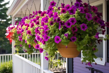 hanging baskets full of cascading petunias on a patio