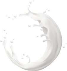 Circle milk cream or yogurt white liquid splash. Realistic swirl splash. Isolated 3d vector mesmerizing burst of white liquid creating captivating patterns in mid-air, round milky frame with splatters