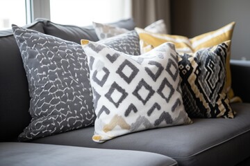 decorative pillows on a grey sofa