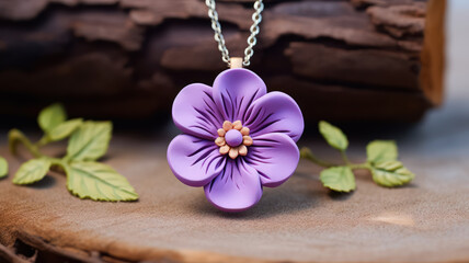 Advertising shot of a pendant shape of violet flower, made of polymer clay, wood, isolated on dark black background