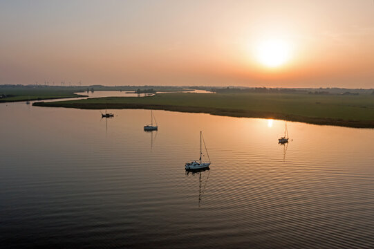 Sailing boats anchored on The Morra in Friesland the Netherlands