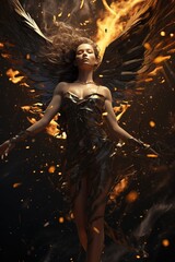 Gorgeus Fairy, Angel Woman with Golden Wings over a Golden Firy Background. Fire Particles Overlay.