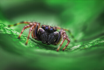 Jumping spider macro close up of on a green leaf