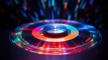 Spinning music record on turn table. Music floats in the air. Advertisement LED shot