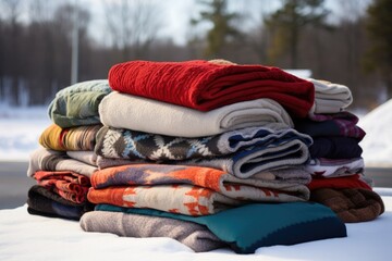 a pile of donated blankets for a winter drive