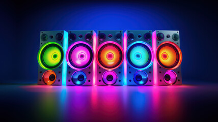 Set of modern colored neon music speakers advertising shot on dark background - obrazy, fototapety, plakaty