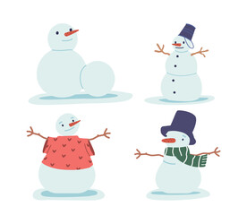 Set of Snowmen, Jolly, Frosty Figures With Carrot Noses And Coal Eyes, Scarves, Buckets and Clothes. Symbols Of Winter