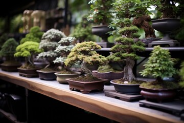 Fototapeta premium a series of small bonsai trees each in traditional bowls