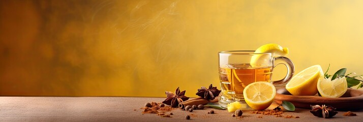 Hot toddy - hot whiskey with lemon, honey and spices. On a beige background.