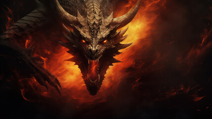 Scareful huge fire dragon on dark dreamatic background with flames