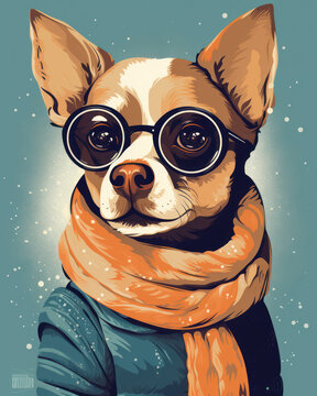 Minimalistic retro postcard of funny foxy dog, happy dog in scarf and glasses in retro style illustration