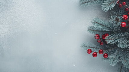 A branch of pine, rowan berries on christmas new year snowy winter flat lay background - obrazy, fototapety, plakaty