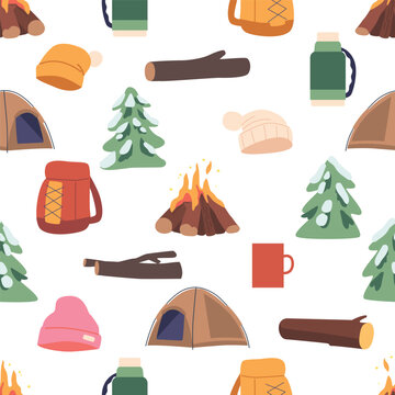 Seamless Pattern With Winter Camping Items. Campfire, Woods And Brushwood, Spruces, Cold-weather Tent, Thermal Hat