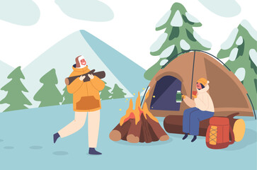 Family Bliss At Winter Camp with Cozy Tent, And Laughter Around The Fire. Children Characters Collect Brushwood