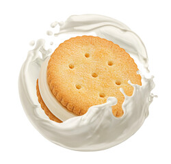 Sandwich cookie falling with milk splash isolated on white background