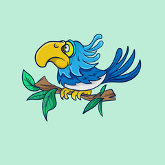 Illustration of cute cartoon happy toucan on tree branch