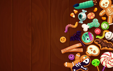Halloween holiday scary sweets on wooden background. Vector festive confection and desserts lying on table top view. Cookies, liquorice, gingerbread and jelly worms, witch finger, skull and lollipops