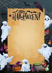 Halloween holiday greetings, cartoon ghosts near vintage manuscript scroll. Trick or treat horror night vector poster with old paper and Halloween personages of scary ghosts, pumpkin, bats and spider