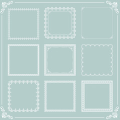 Vintage set of elements. White square elements for decoration and design frames, cards, menus, backgrounds and monograms. Classic patterns. Set of vintage patterns