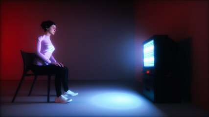 Obraz premium A young woman sits lonely in front of the television (3d rendering)